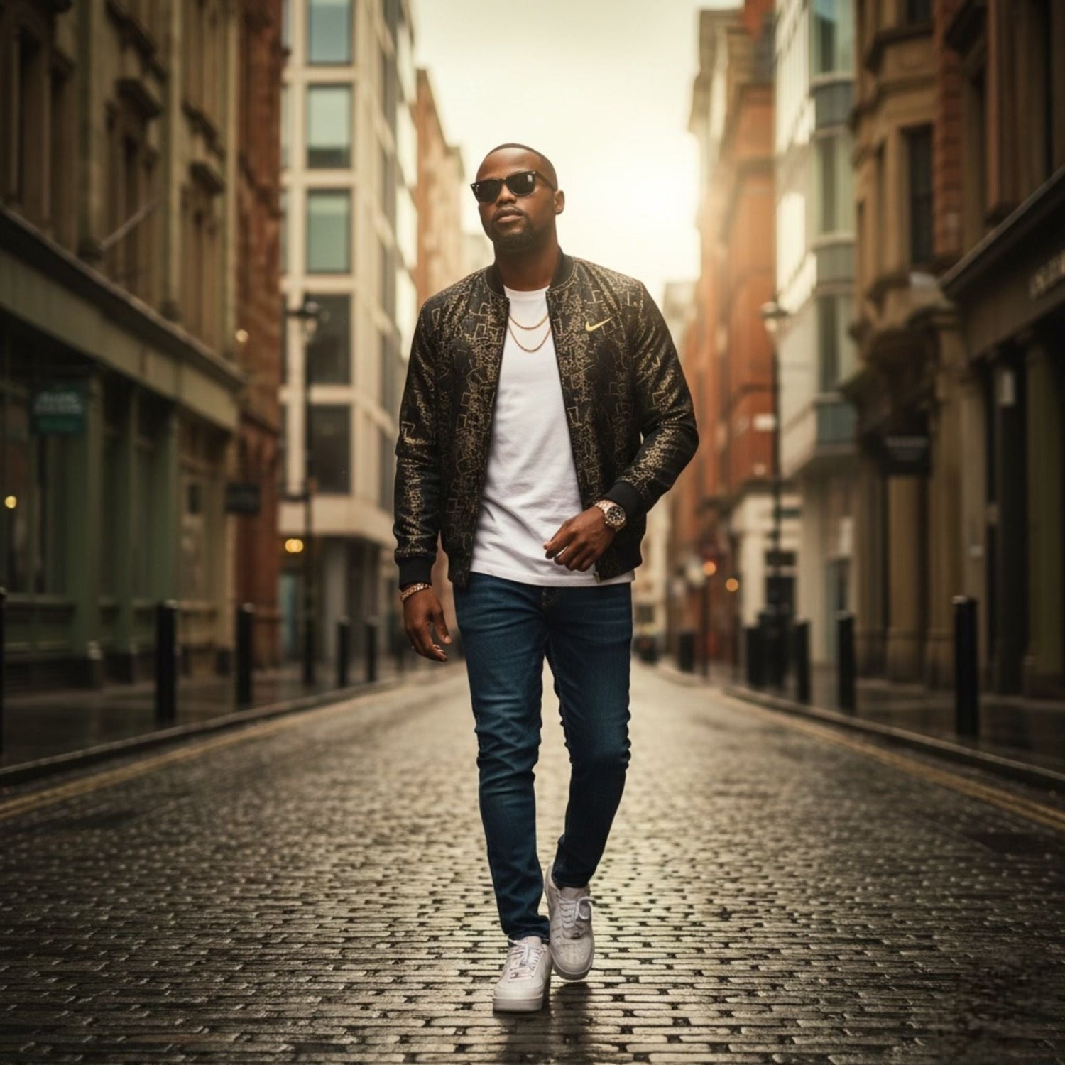 eddy ratty walking on the street of Manchester in cool evening wearing a nike jacket and jeans 