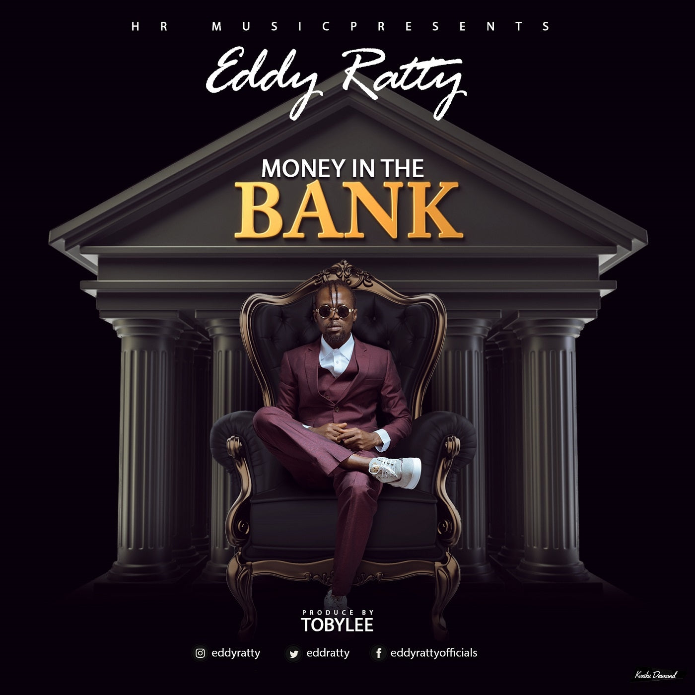 Album cover with a person in a suit sitting on an ornate chair, text 'Money in the Bank' and 'Eddy Ratty' at the top.