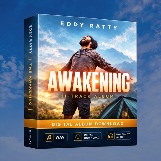 The Awakening by Eddy Ratty, 11-track Afrobeats digital album artwork featuring a man with outstretched arms beneath a blue sky.