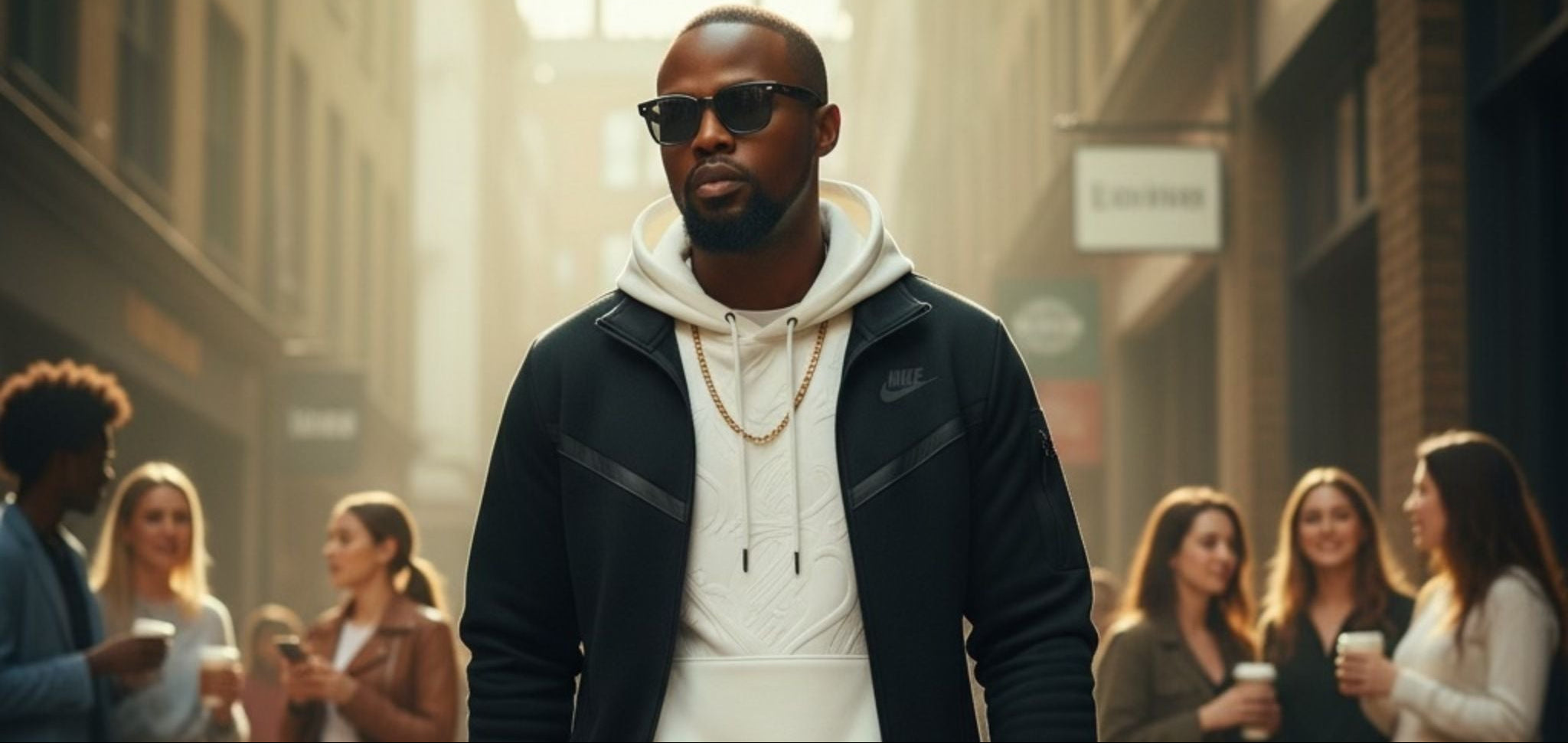 Man walking down a city street with people around
