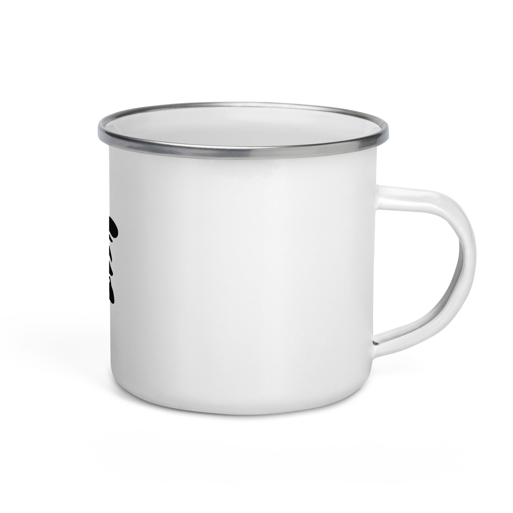 “Lightweight white enamel mug with silver rim — Eddy Ratty merch”