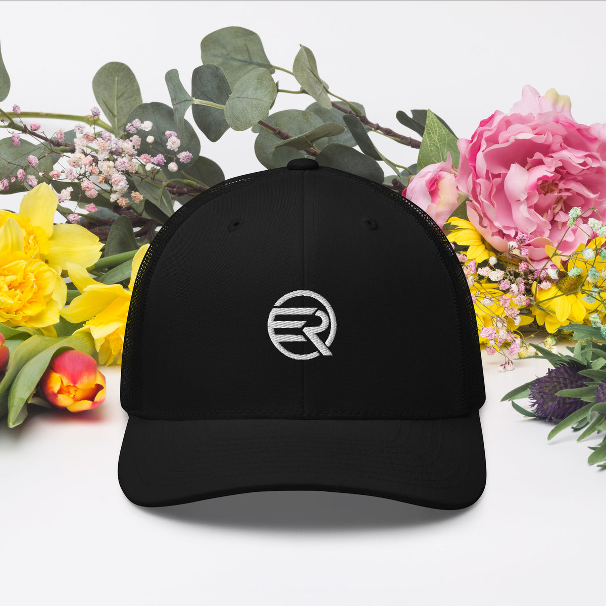 Eddy Ratty black embroidered trucker cap