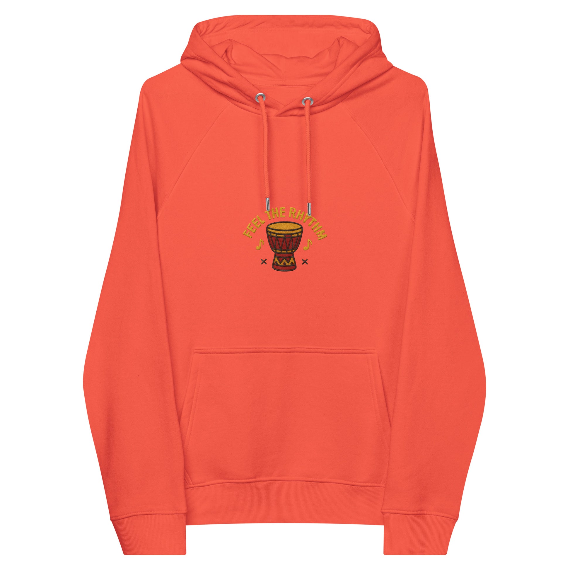 Eddy Ratty unisex eco raglan hoodie in orange – premium eco-friendly Afrobeat artist merch by Eddy Ratty