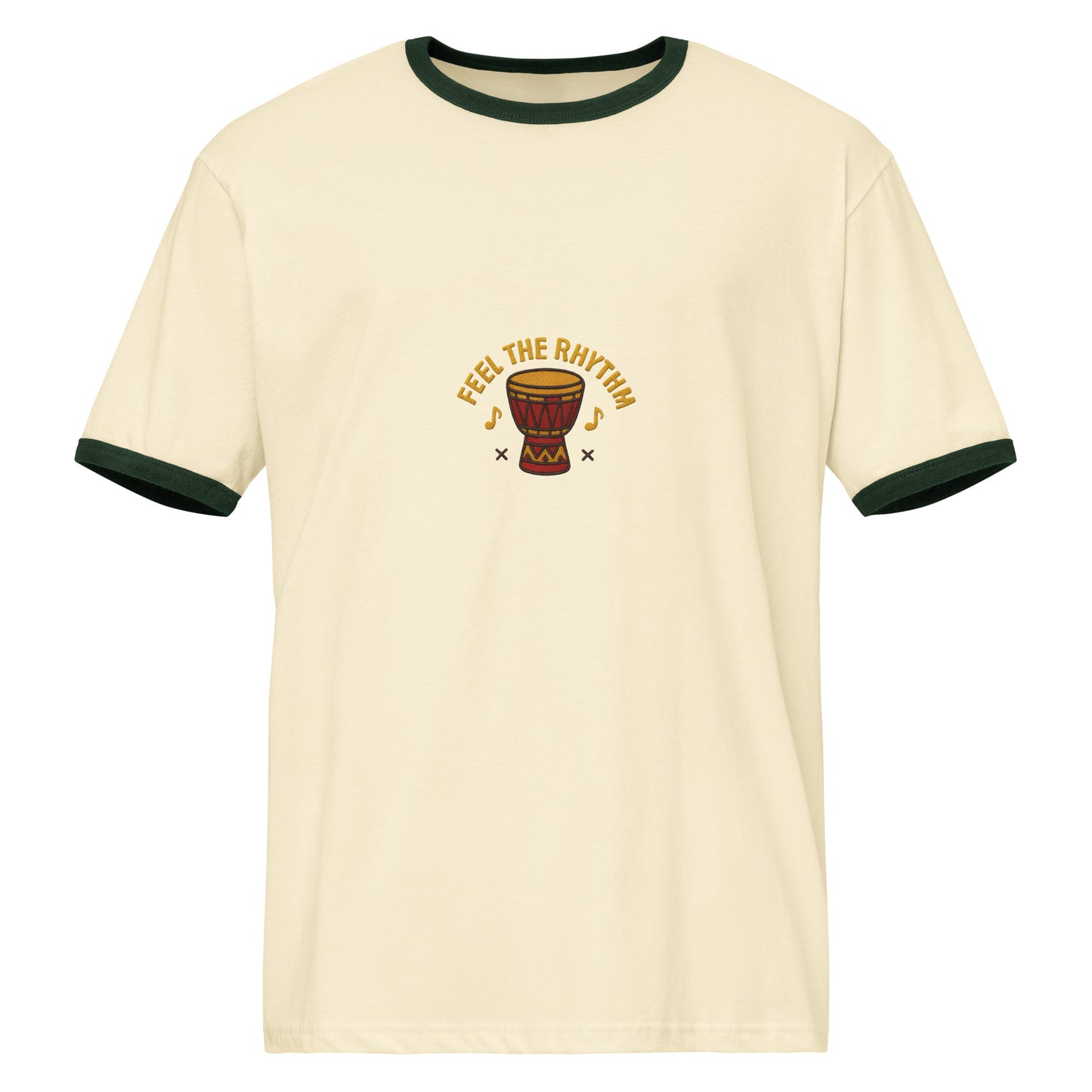 “Detail close-up embroidery Eddy Ratty logo – unisex ringer tee”